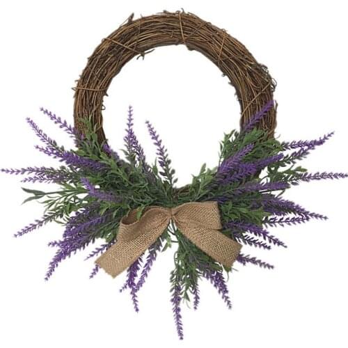 Artificial Flower Wreath Lavender Wreath Bowknot Heart Shaped Hanging Garland for Front Door Christmas Party Wedding Decoration