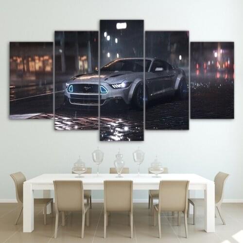 Painting On Canvas Wall Art Frame bedroom Home Decor HD Printed 5 Panel Sports car Ford Mustang Car In The Rain Pictures Poster