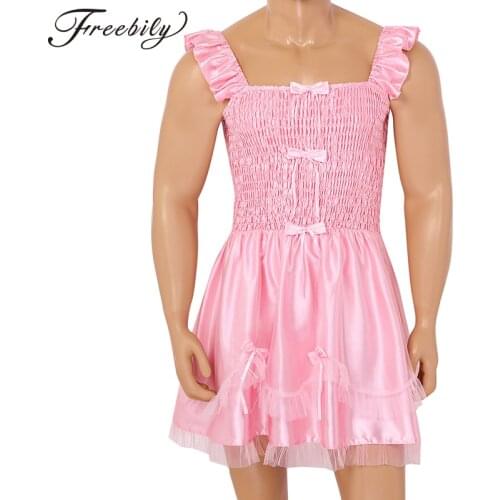 Men Adults Sleeveless Ruffled Bodice with Ribbon Bows Stretchy Satin Sissy Dress Adult Baby Cross Dresser Costume