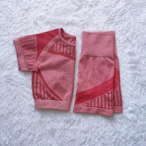 New Seamless Sportswear High Waist Fitness Breathable Leggings Suit Womens Tracksuit Crop Top Short Sleeve Yoga Set