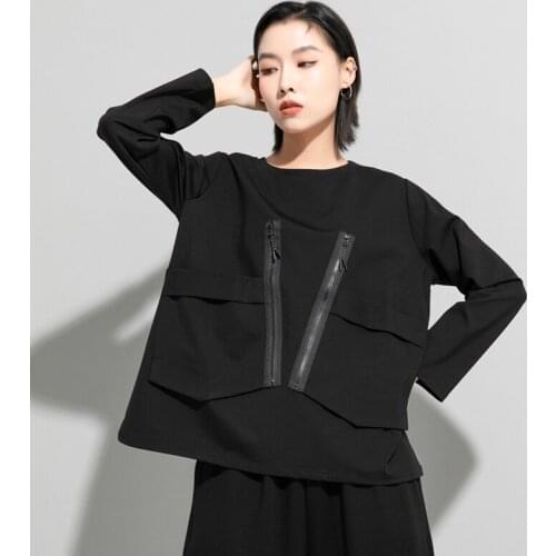 2021 autumn new zipper decoration collage big purse fashion brand modeling shirt dark loose casual personalized T-shirt