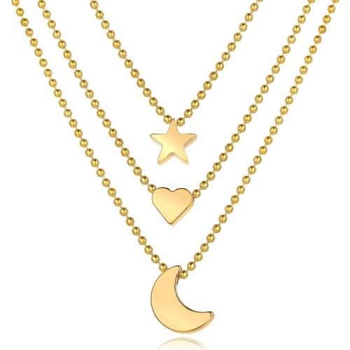 Creative New Gold Color Moon Star Heart Necklace Pendant Women Simple Beads Clavicle Chain Multilayer Necklaces Jewelry