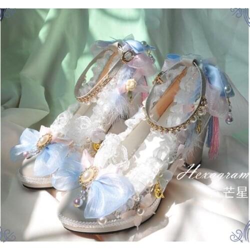 Lolita shoes Rhinestone Lace Girly shoes Cute bow High heels 8CM
