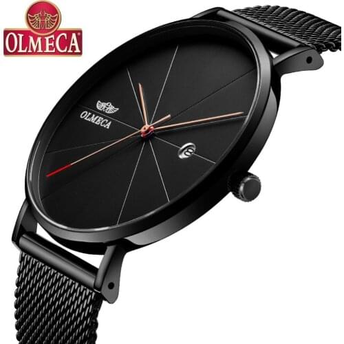 OLMECA Quartz Mens Watches Fashion reloj hombre Calendar Date Wrist Watches 3ATM Waterproof Watches For Men Milanese Band Black