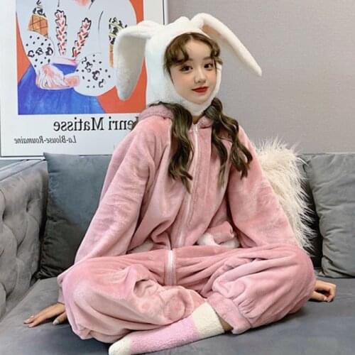 Adult Pajamas One Piece Cute Rabbit Cosplay Costume Animal Pajamas Flannel Winter Warm Women Fleece Sleepwears Fluffy Homewear