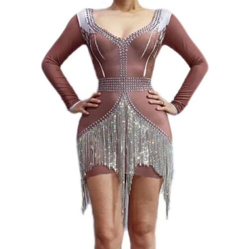 Fashion Sparkly Crystals Fringes Dress Evening Party Long Sleeves Rhinestones Stretch Dress Bar Celebrate Stage Dress DWY2928
