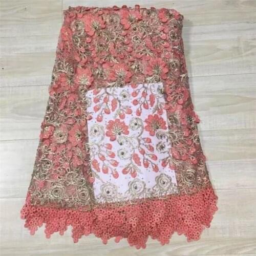 Polyester swiss golden pink stone beads embroidered lace fabric for nigerian wedding dress