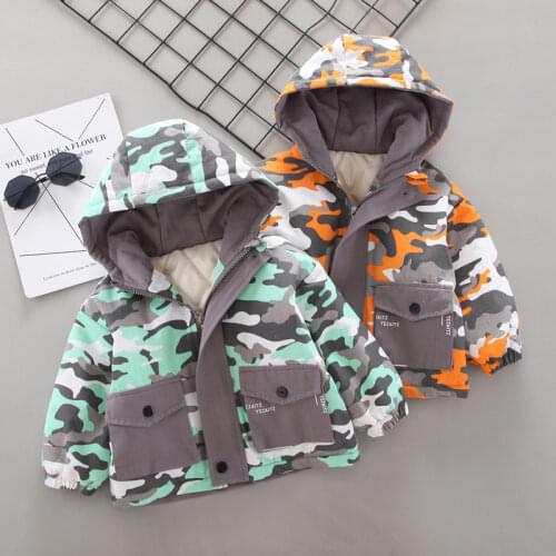 Casual Winter Warm Kids Thicken Cartoon Clothing Camouflage Boys Baby Girls Hooded Jacket Fashion Children Solid Cotton Outwear