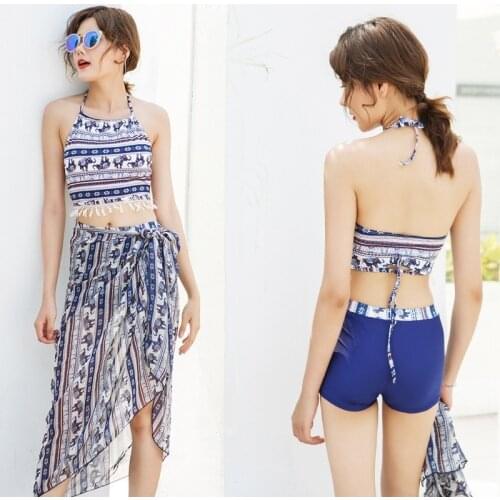 Split Swimsuit 2021 New Ethnic Ladies Style Boxer Three-piece Fashion Printed Veil Sunscreen Swimsuit