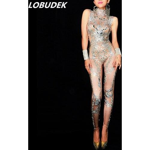 Sexy Nightclub Women Singer Stage Outfit Birthday Celebration Dance Wear Costume Silver Rhinestones Skinny Sleeveless Jumpsuit