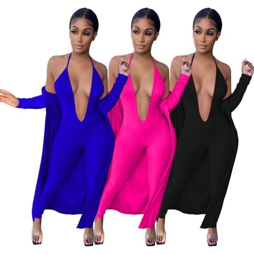 Sexy Halter Deep V Neck Jumpsuit And Long Sleeve Coats Women Knitted Two Piece Set Night Party Club Wear Costume Clothings 2021