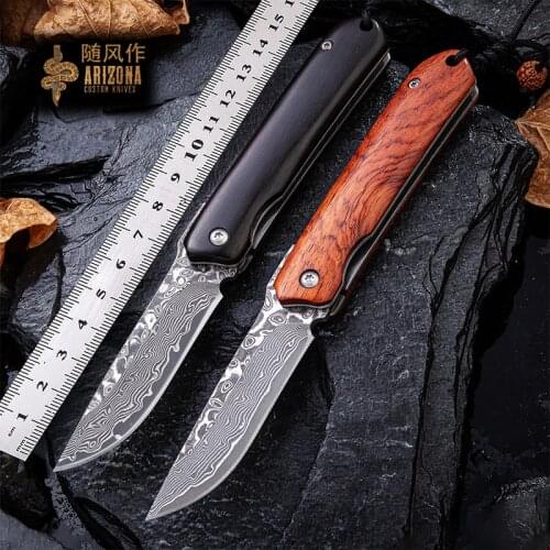 Volton Damascus folding knife, outdoor self-defense knife, camping survival tactical knife, EDC pocket knife, wood handle