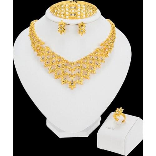 Wedding Bridal Jewelry Sets For Women Gold Color Necklace Bangle Earrings Rings Dubai African Beads Statement Accessories Set