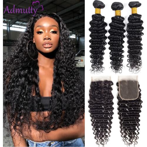 Deep Wave Bundles With Closure Curly Human Hair Bundles With Closure 4*4 Remy Weave Brazilian 3 4 Bundles Hair Weave Extension