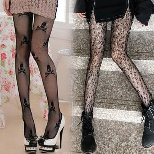 Sexy Leopard/Skull Print Punk Stretch Pantyhose for Women Hollow Out Thigh High Tights Fishnet Mesh Breathable Stockings Hosiery