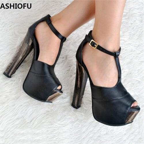 ASHIOFU Handmade Womens Chunky Heel Sandals T-strap Peep-toe Sexy Platform Party Shoes Night-club Fashion Evening Sandals Shoes