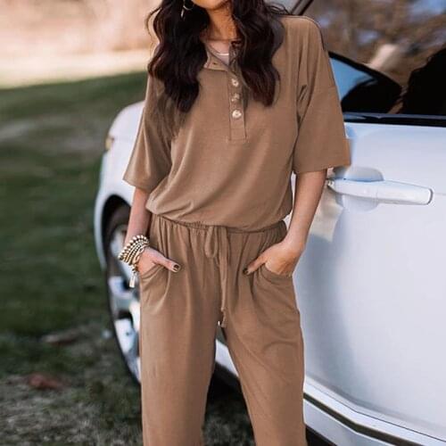 Women Loungewear Jumpsuit Single Breasted T Shirt Drawstring Trousers Ladies Loose Romper Summer Autumn Streetwear Jumpsuits