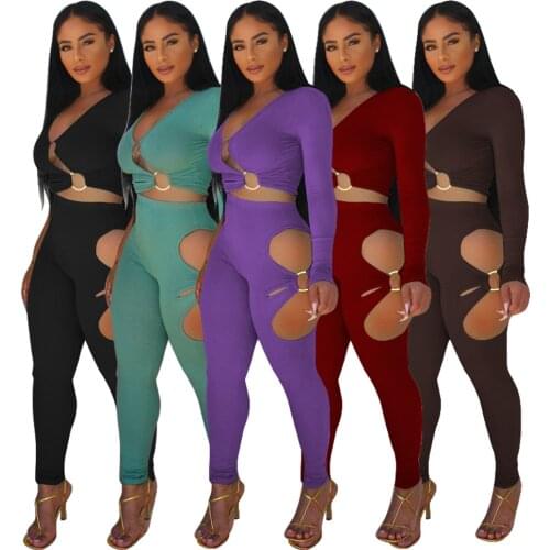 Sexy Knitted Rib Hollow Out V Neck Long Sleeve Crop Top + Leggings Two Piece Set Women Sportswear Club Outfits Tracksuit Women
