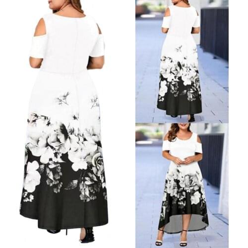 Women Floral Print Long Dress Summer Sexy Off Shoulder Round Neck Short Sleeve Long Loose Dress Ladies Retro Plus Size Dress