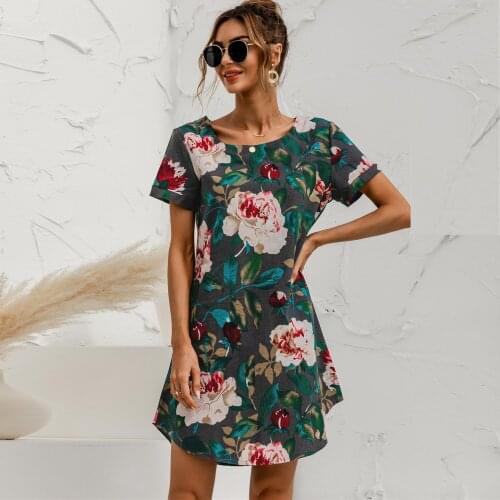 Floral Print Cotton Linen Womens Dress Summer Vintage Casual O Neck Short Sleeve Loose Straight Mini Dresses Vestidos Plus Size