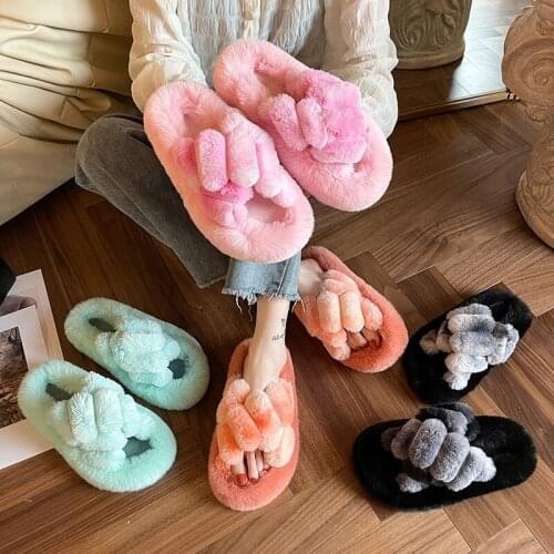 Winter Women House Furry Slippers Fashion Faux Fur Warm Shoes Women Slip on Flats Female Home Slides Black Plush Indoor Outdoor