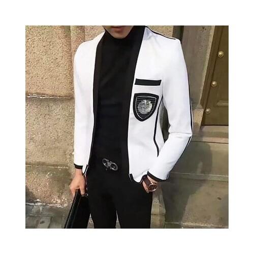 100%real mens luxury white with black binding slim jacket/fashion model tuxedo jacket/ASIA SIZE