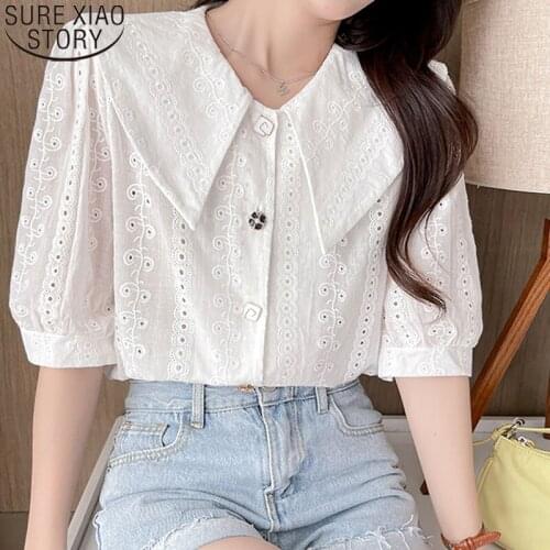 2021 Summer White Blouse New Women Korean Fashion Doll Collar Sweet Tops Short-sleeved Solid Color Embroidered Shirt 14377