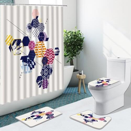 3D Geometric Pattern Shower Curtains Creative Art Design Bathroom Set Non-Slip Rugs Toilet Cover Bath Mat Carpet Pad Home Decor