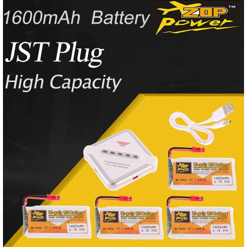 4Pcs ZOP Power 3.7V 1600mAh 1S Lipo Battery JST Plug Rechargeable 4 in 1 Charger for RC Racing Drone Helicopter Car Boat