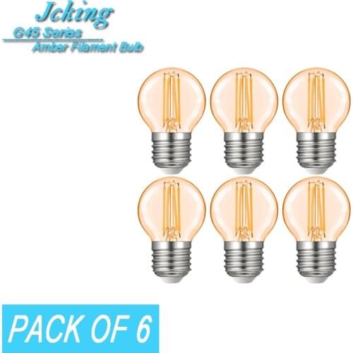 Pack of 6 JCKing G45 Dimmable 2W-8W E26/E27 Base LED Filament Bulbs Amber Glass 120V 240V Retro Vintage Edison Lighting Lamp