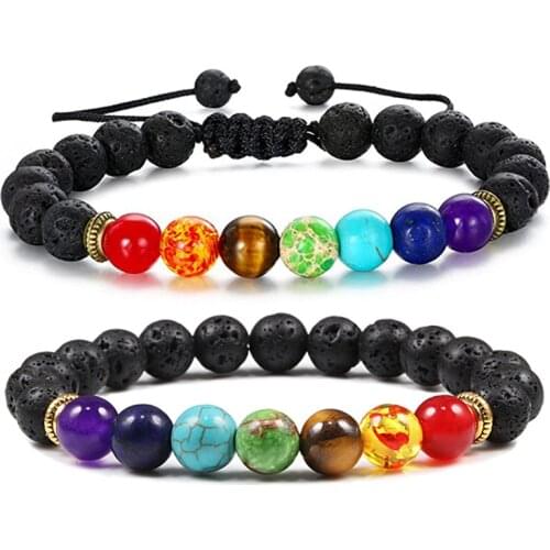 7 Chakra Healing Beaded Bracelet Natural Black Matte Lava Stone Tiger Eye Bead Bracelets for Men Women Reiki Prayer Yoga Jewelry