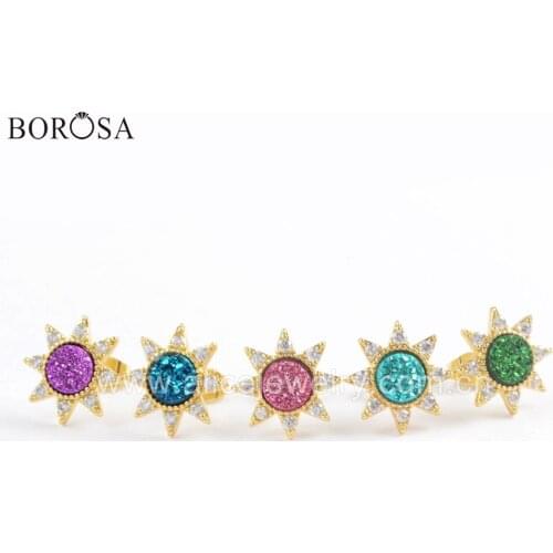 BOROSA 5Pairs Round Shape 7mm Rainbow Druzy Stud Earring Zirconia Gold-color Star Earrings ZG0382