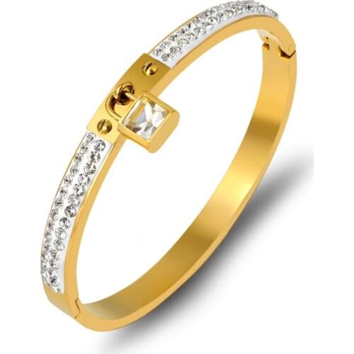Classic Full Crystals Lock Cuff Bangles & Bracelets For Women Jewelry Stainless Steel Silver Gold Bangles Female Bijou Pulseira