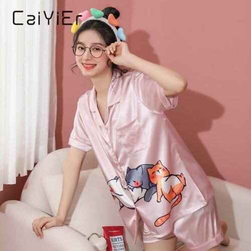 CAIYIER Summer Cute Cat Print Nightwear Silk Turn-down Collar Short Sleeve Sleepwear Plus Size Soft Sexy Pajamas Set For Women
