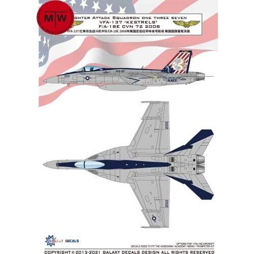 Galaxy G48032/G72025 1/48 1/72 Scale Fighter Attack Squadron VFA-137 Kestrels F/A-18E CVN 72 2008 Model Decal