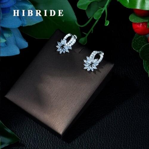HIBRIDE Luxury Wedding Party Drop Earrings Flower Cubic Zircon Earrings For Women Gifts Fashion Jewelry Female E-63