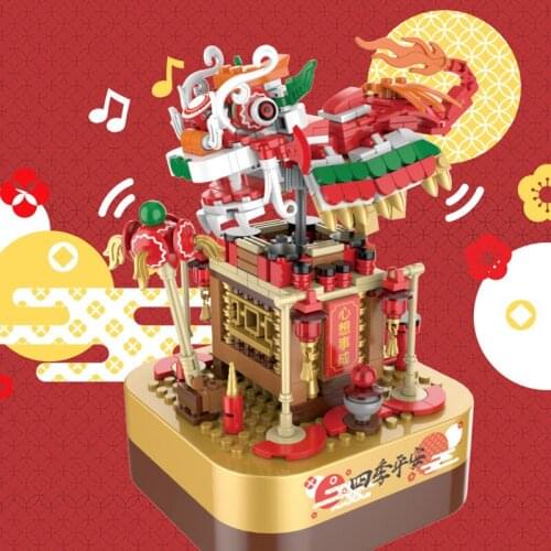 MOC Chinese New Year Dream Cruise The Lion Dance Cherry Blossom Creative With Light Music Box Building Blocks Kids Toy Gift