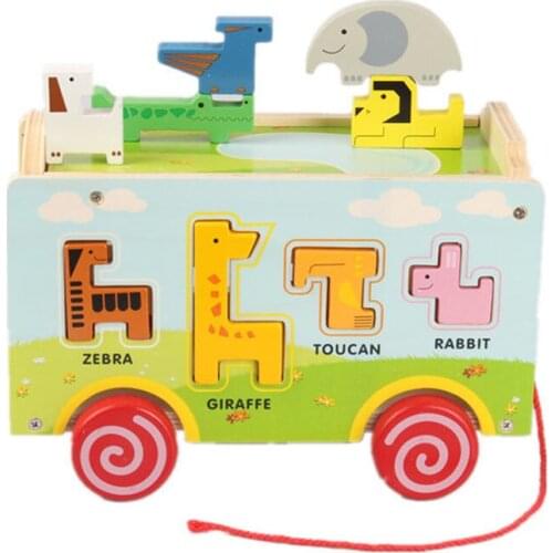 Kawaii Animals Beads Bus Match Blocks Drag Car Baby Toy Montessori Materials Wooden Educational Toys For Toddlers Walking Toy