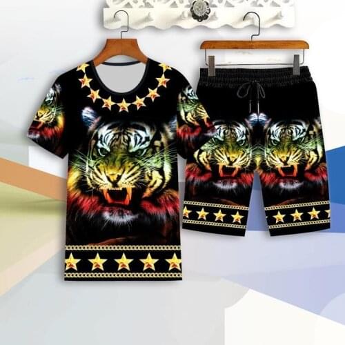 2 piece casual wear mens suit 3D printed short-sleeved T-shirt and shorts tiger suit summer fashion mens Asian size L-4XL