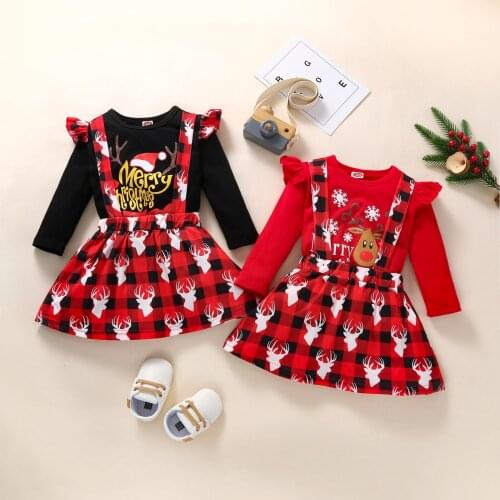 Christmas Children Kids Girls Clothing Sets Toddler Kids Girls Letter Long Sleeve Pullovers Tops+Suspenders Skirt Outfits