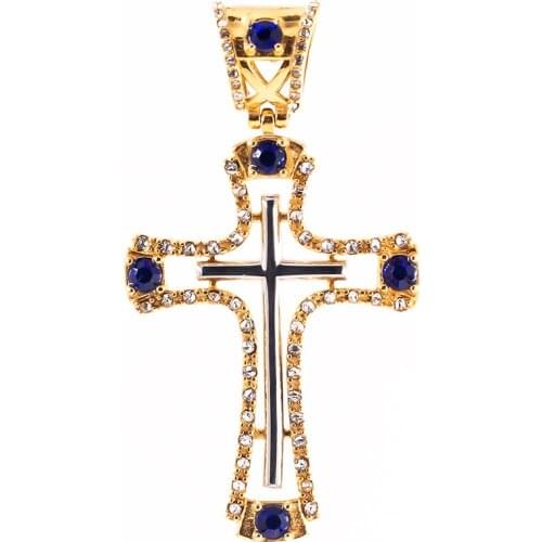 316L Stainless Steel Cross Pendant Inlaid Blue Cubic Zirconia with Box Chain Hiphop Fashion Gold Color Jewelry Unisex Necklace