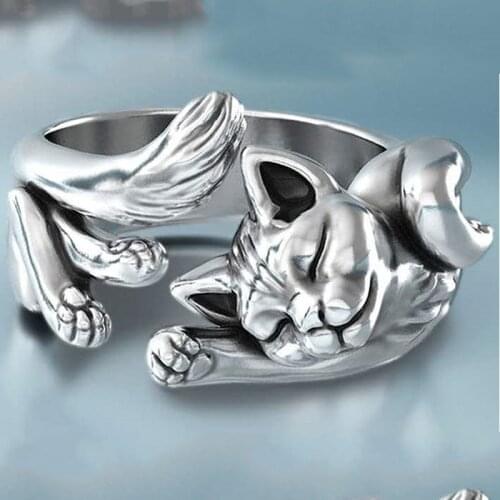 Milangirl Unique Ladies Womens Ring Creative Silver Color Lovely Cat Animal Metal Adjustable Opening Ring for Party Jewelry