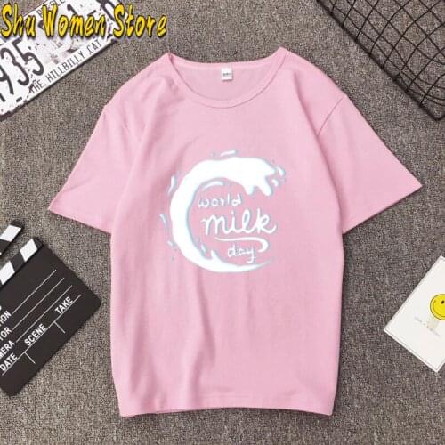 Milk Cute Cartoon Sweet Girls Pink Graphic Summer Streetwear Casual Tops E-Girl Kawaii Casual Vintage Women T-shirt gothic