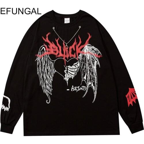 Heart Wings Chain Hip Hop T-shirts Men Casual Long Sleeve Fashion Harajuku Streetwear Oversized T Shirt Winter Tees O-neck Tops