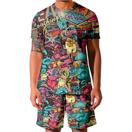 2021 Summer New Products Las Vegas Colorful 3D Print Casual Running Mens Suit Short Sleeve T-Shirt + Sports Shorts 2 Piece Set