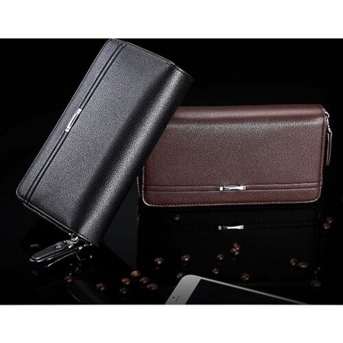 New Wallet Mens Leather Double Zipper Clutch Business Large-Capacity Long Wallet Solid Color Coin Purse Card Holder
