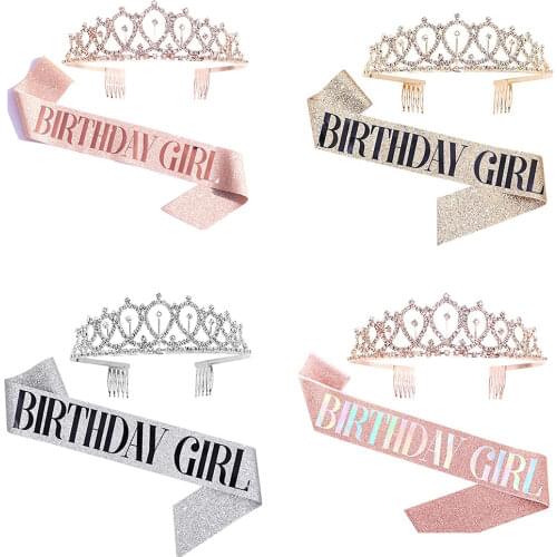 Birthday Girl Sash & Rhinestone Tiara Kit - Gold Glitter Birthday Gifts Birthday Sash for Women Birthday Party Supplies