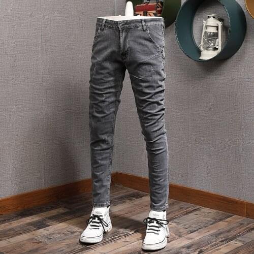 Newly Korean Fashion Men Jeans Elastic Cotton Scratch Slim Ripped Jeans Men Retro Gray Casual Designer Denim Punk Pencil Pants