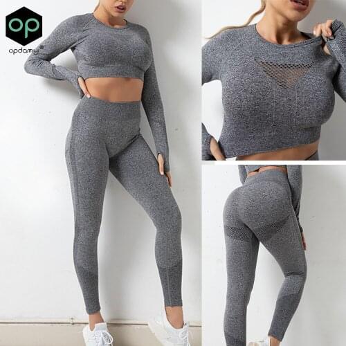 Autumn/Winter Womens Sports Tight-Fitting Running Breathable Seamless Yoga Set Long-Sleeved Top+High Waist Leggings Fitness Suit