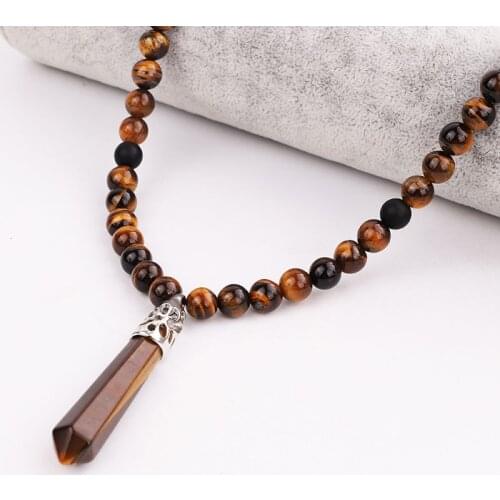 New Men Necklace Natural Stone Beads Handmade Tiger Eye Matte Onyx Stone Braided Adjustable Pendant Necklace Jewelry Gift Men